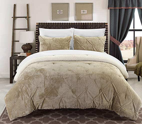 Chic Home Josepha 3 Piece Pinch Pleated Ruffled and Pintuck Sherpa Lined King Comforter Beige