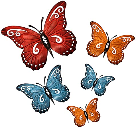 aboxoo Metal Butterfly Wall Decor 3D Butterflies Wall Art Hanging Sculpture for Bathroom Living Room Bedroom or Porch Patio Fence, Set of 5