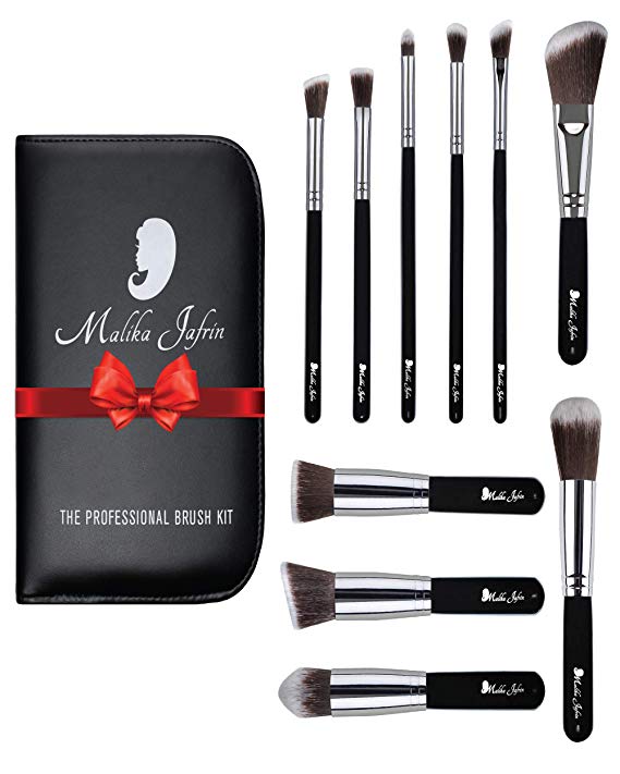 Malika Jafrin, Makeup Brush Set, Premium 10 Piece Professional Kabuki Kit for Your Cosmetic Needs (Face & Eye), Brushes for Foundation (Cream, Powder, & Mineral), Blush, Concealer, Bronzer & More
