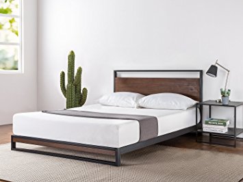 Zinus Ironline Metal and Wood Platform Bed with Headboard / Box Spring Optional / Wood Slat Support, Queen