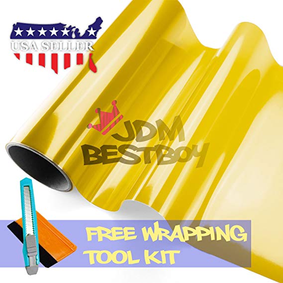 Free Tool Kit 12"x60" (1FT x 5FT) Glossy Golden Yellow 3000k Tint Headlight Fog Lights Taillight Smoke Vinyl Film Self Adhesive