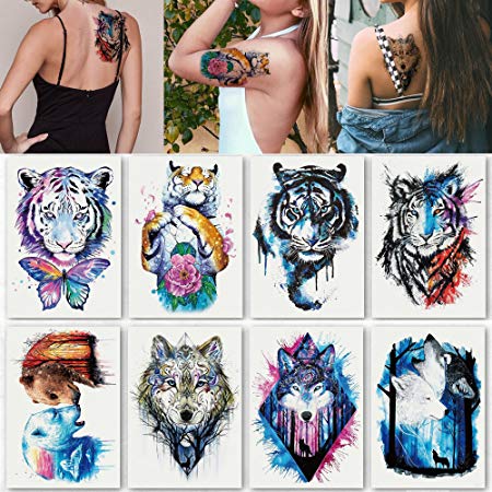Kotbs 8 Sheets Temporary Tattoo for Man Guys Women Waterproof Large Fake Tattoo Temporary Tattoos Body Sticker Arm Shoulder Chest Back Makeup Tiger Wolf Design