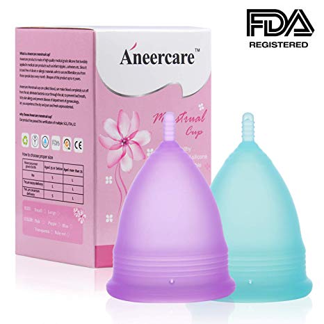 Aneercare Menstrual Cups Period Cup Heavy Flow Set of 2 with Free Bag Large Size(Blue Purple))