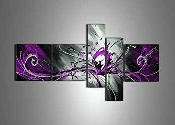 Globalartwork- Handpainted 5 Piece Black White Purple Modern Abstract Oil Paintings on Canvas Peacock Pictures Wall Art for Home Decoration