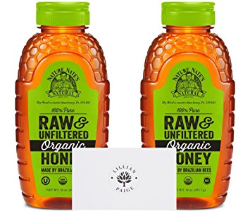 Nature Nate's Organic Raw Kosher Honey, 100% Pure Unfiltered (2 Pack) in Dependable Packaging to Prevent Breakage with LP card Bundle (2 Pack - 16 oz each)