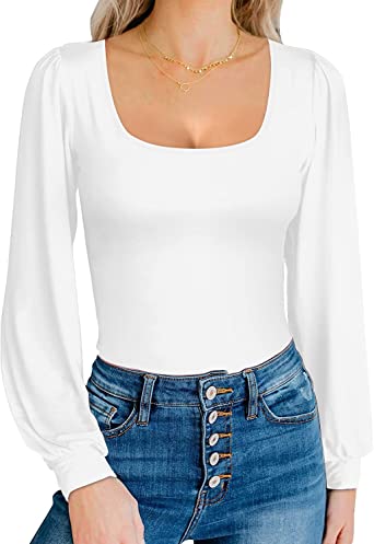 MANGOPOP Square Neck Puff Sleeve Loose Lantern Short Sleeve Long Sleeve Bodysuit for Women for Going Out