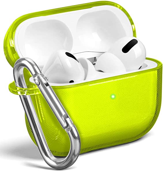 GMYLE AirPods Pro Case Clear, GMYLE Protective Shockproof Case Cover Skins with Keychain Compatible with Apple AirPods Pro 3, Clear Neon Yellow [Front LED Visible]