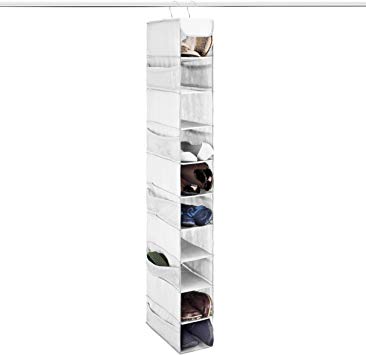 ZOBER 10-Shelf Hanging Shoe Organizer, Shoe Holder for Closet - 10 Mesh Pockets for Accessories - Breathable Polypropylene, Black - 5 ” x 11 ½” x 52”