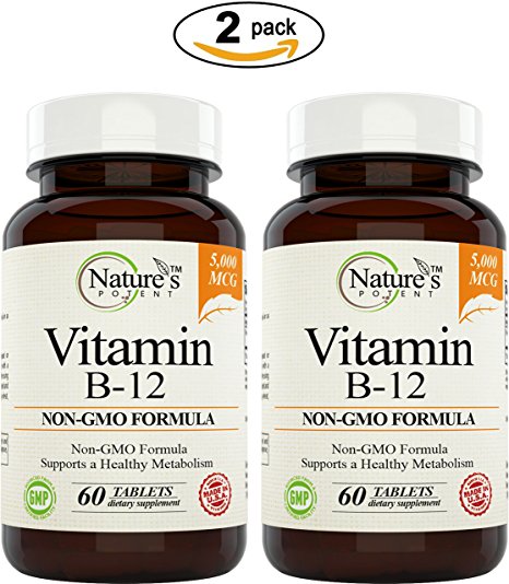 Nature's Potent Non GMO Vitamin B-12 Supplement with Methylcobalamin (Methyl B12), 5000mcg - 120 Tablets