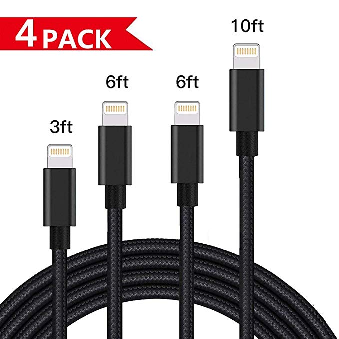 Lightning Cable,Charger Cables 4Pack 3FT 2x6FT 10FT to USB Syncing Data and Nylon Braided Cord Charger for iPhone X/8/8 Plus/7/7 Plus/6/6 Plus/6s/6s Plus/5/5s/5c/SE and more (Black))
