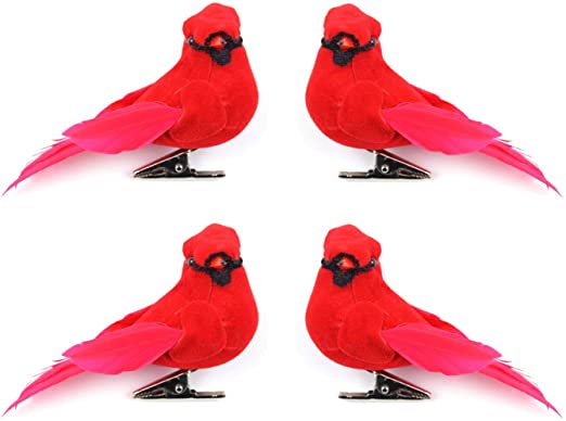 Set of 4 Decorative 6 inch Red Cardinal Birds with Clip for Christmas Tree, Floral Arrangements and Arts and Crafts
