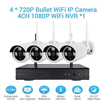 Wireless Camera Security System 1080p 4CH HDMI NVR   4 Pcs 720P(1.0MP) WiFi CCTV Bullet Cameras HD Night Vision Surveillance Outdoor Indoor Waterproof Easy Remote Access Night Vision