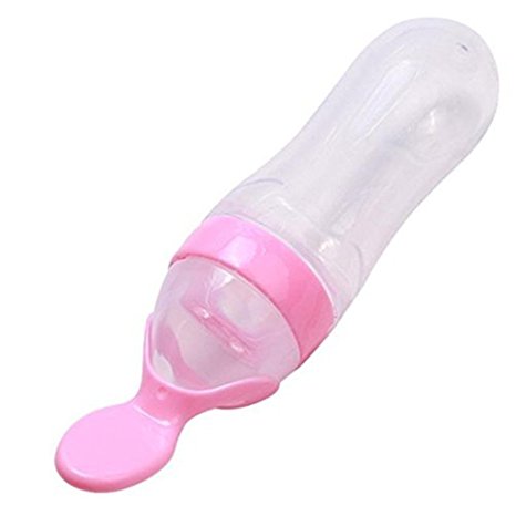 3 Ounce Feeding Bottle, Homure Silicone Squeeze Baby Food Dispensing Spoon for Infant Newborn Toddler Food Supplement, Pink