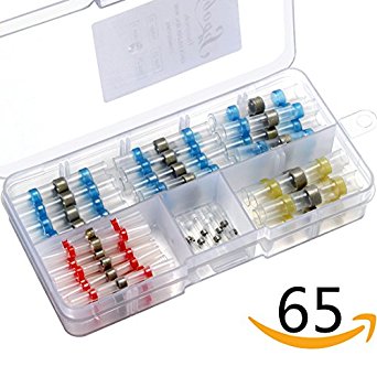 65pcs Solder Seal Wire Connectors, Sopoby Heat Shrink Butt Connectors, Waterproof Marine Automotive Electrical Terminals (25Red 25Blue 10White 5Yellow)
