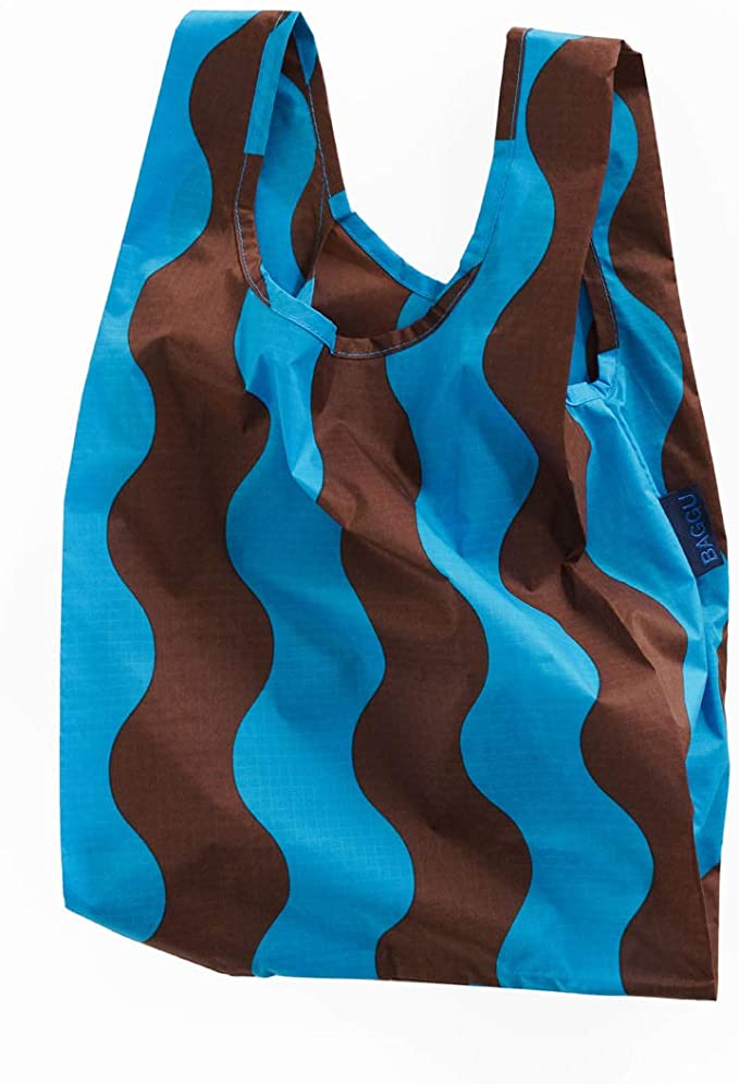 BAGGU Small Reusable Shopping Bag, Ripstop Nylon Grocery Tote or Lunch Bag, Teal and Brown Wavy Stripe