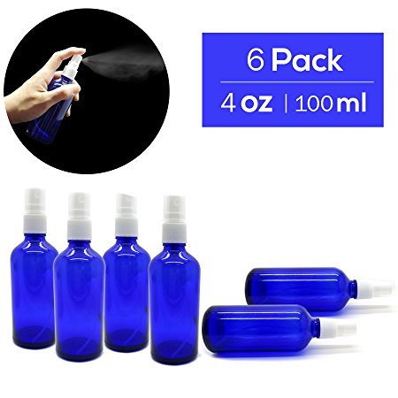4oz (100ml) 6 pack New Cobalt Blue Glass Boston Round Bottles with White Fine Mist Sprayer with Dust Cap Cover - Refillable Empty Bottles - Perfect for Essential Oils, Cleaning, Cooking, DIY, Gifts