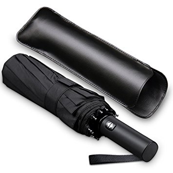 Bodyguard 12 Ribs Windproof Travel Umbrella with Teflon Canopy, Lengthened Handle with Auto Open Close Button, Compact Protection from Rain, Free Upscale Leather Cover