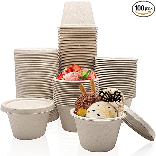 100 Pcs 4 Oz Bagasse Fiber Condiment Cups with Lids, Compostable Portion Cups, Disposable Souffle, for Snack Dressing Food Storage