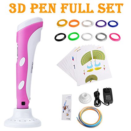 Plusinno DIY Scribbler 3D Printer Pen with LCD Screen for 3D Scribbler Printing,Drawing and Doodling   13 PLA Filament(10 Different Colors)   10 Paper Models for Practice (Pink)