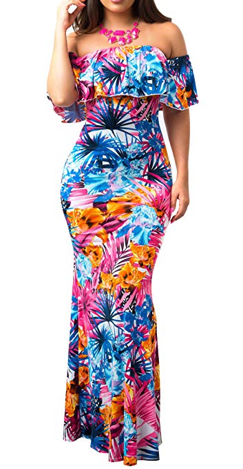 PRETTYGARDEN Women's Off Shoulder Ruffle Floral Printed Sexy Bodycon Beach Boho Maxi Dress