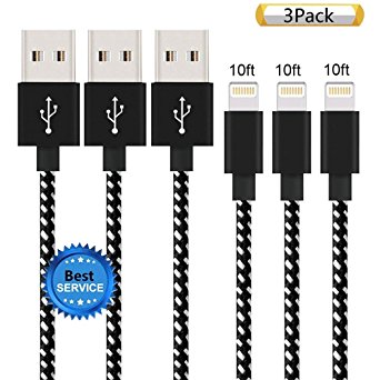 iPhone Cable SGIN, 3Pack 10FT Nylon Braided Cord Lightning Cable Certified to USB Charging Charger for iPhone 7,7 Plus,6S,6s Plus,6,6plus,SE,5S,5,iPad,iPod Nano 7 - BlackWhite