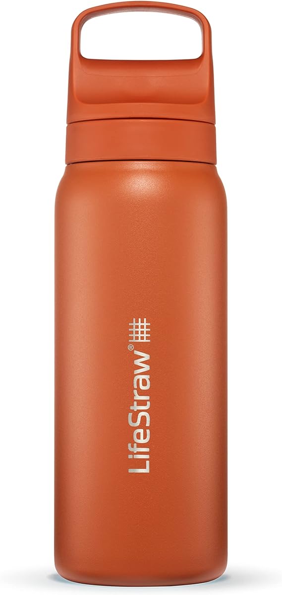 LifeStraw Go Series — Insulated Stainless Steel Water Filter Bottle for Travel and Everyday Use Removes Bacteria, Parasites and Microplastics, Improves Taste, 24oz Kyoto Orange