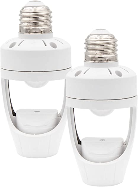 Maxxima E26 Light Bulb Socket Motion Sensor Adapter, 12ft 360 Degree Detection PIR Occupancy Sensor (2 Pack)