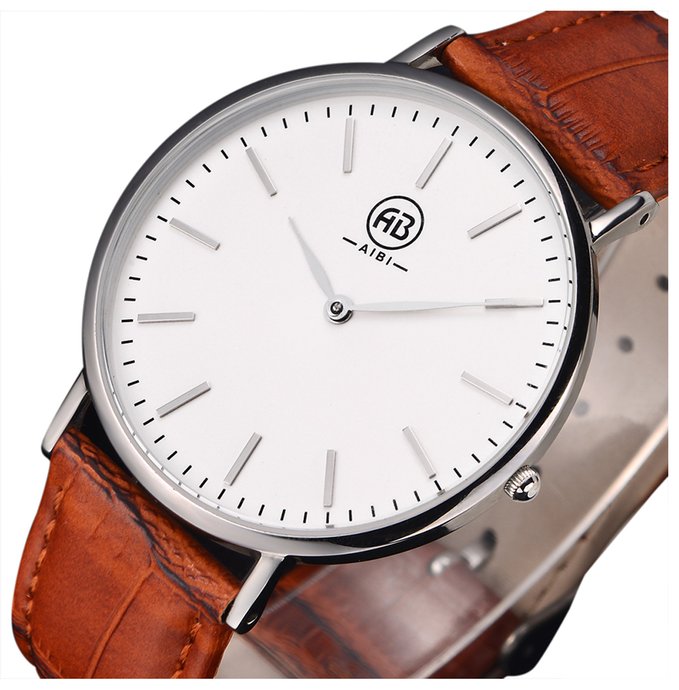 AIBI Brown Leather Ultra-thin Waterproof Classy Mens Stainless Steel Quartz Watches, Thickness:4MM