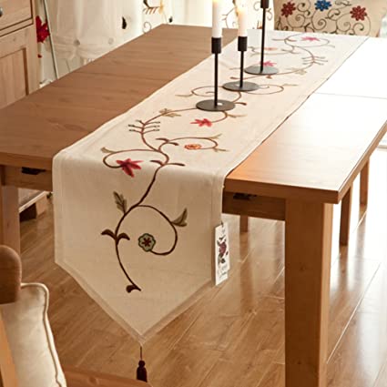 Ethomes Floral Embroidered Linen Cotton Burlap Beige 63 x 16 inches Approx Table Runner with Tassles