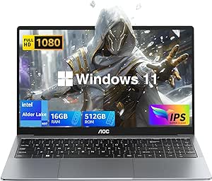 AOC Laptop Computer 15.6 Inch FHD Screen Premium Laptop with Ιntel Core N97 Processor(Up to 3.6GHz) Gaming Laptop 16GB RAM 512GB SSD, Windows 11 computer, Light&Thin, Metal Shell,Webcam, Type-C,USB3.2