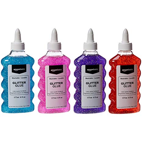 AmazonBasics Liquid Washable Glitter Glue, Assorted Colors (Purple/Pink/Red/Blue), 6 oz. Each, 4-Count