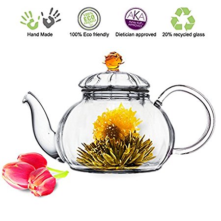 Blooming Tea Glass Teapot with Infuser Amber Juliet, 20oz/590ml Non-drip Lead Free