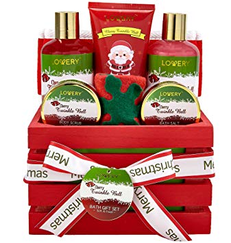 Bath and Body Christmas Gift Basket For Women and Men – Cherry Twinkle Bell Home Spa Set, Includes Fragrant Body Lotions, Bath Salts, Stocking Stuffer, Loofah Scrubber and More