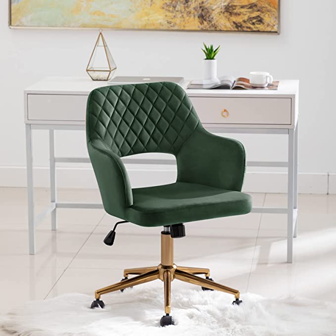 Duhome Velvet Home Office Desk Chair with Wheels, Armchair Adjustable Swivel Accent Chair with Hollow Mid-Back Backrest, Upholstered Computer Chair for Living Room Bedroom, DarkGreen/Golden Base