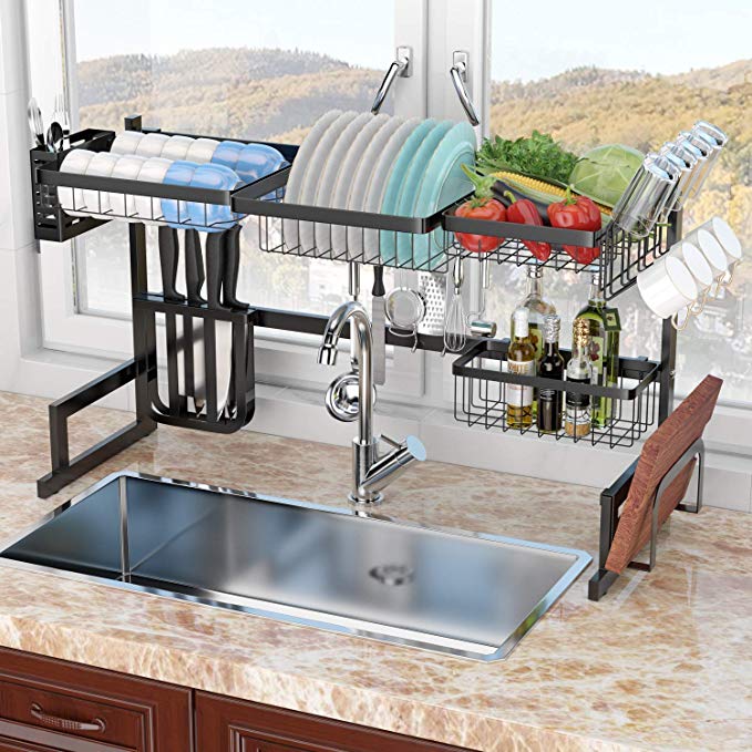 SR SUN RISE Over Sink 32.48 Inches Dish Drying Rack, Drainer Shelf for Kitchen Supplies Storage Counter Organizer Utensils Holder Stainless Steel Display, Strong,Customizable and Easy Install (32.48 Inch)