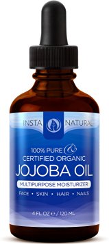 InstaNatural Jojoba Oil - 100% Pure & Certified Organic - Best Cold Pressed & Unrefined Moisturizer for Hair, Face, Skin & Nails - For Soft Skin, Strong Nails, Hydrated Hair & Radiant Skin - 4 OZ