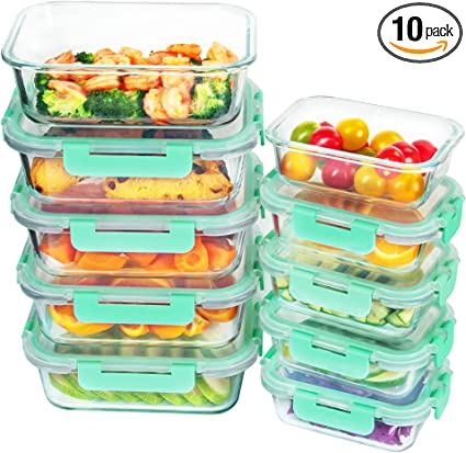 SHYRC 10 Piece Glass Meal Prep Containers with Lids, Airtight Glass Food Storage Containers Leak Proof Glass Lunch Containers(34oz & 12oz) - Light Green