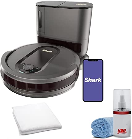 Shark AV911S EZ Robot Vacuum with Self-Empty Base, Bagless, Row-by-Row Cleaning, Perfect for Pet Hair, Compatible with Alexa, Wi-Fi, Gray Bundle with LCD Screen Spray   Cleaning Towel