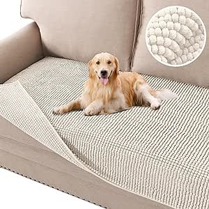 H.VERSAILTEX Plush Chenille Dog Bed Cover Thick Soft Sofa Cover for 3 Cushion Couch Anti Slip Couch Cover Water Resistant Furniture Protector for Dog, Pet, Cat (35" x 82", Ivory)