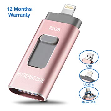 HUGERSTONE Memory Stick For iPhone iPad 32GB IOS Flash Drive, 3-in-1 OTG USB Encrypted Pen  Drive Compact Wireless External Storage for IOS Android Computers (32G,Rose Gold)