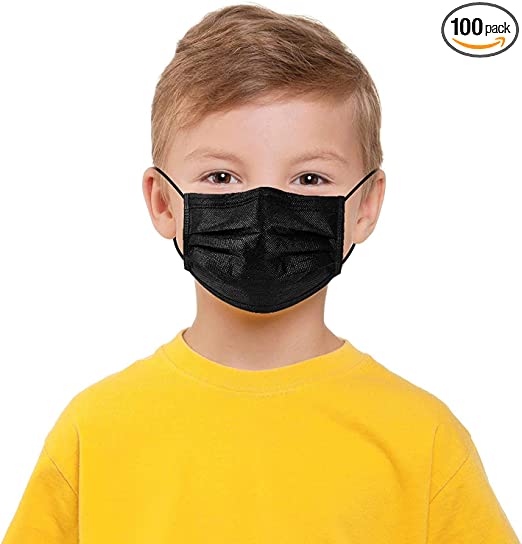 100 PCS Kid Black Disposable Face Masks with Nose Clip, 3-Ply Breathable Disposable Mouth Masks with Adjustable Earloop for Boys & Girls(Black)