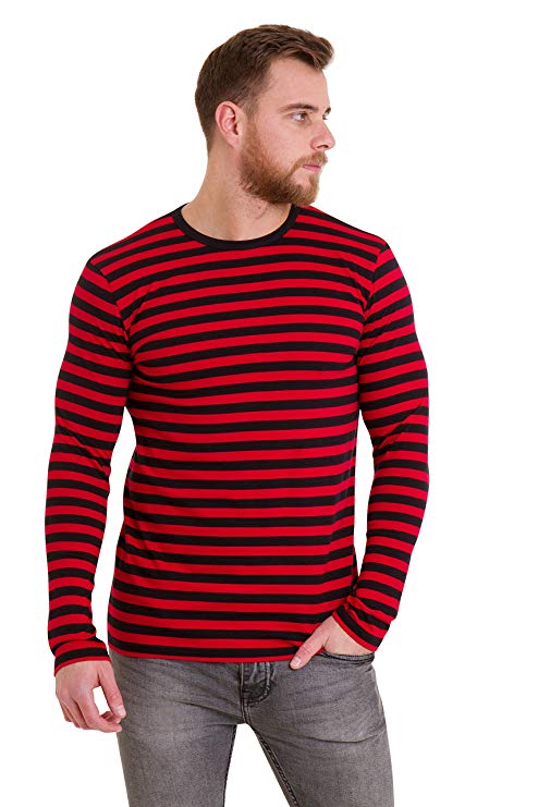 Mens 60's Retro Black & Red Striped Long Sleeve T Shirt