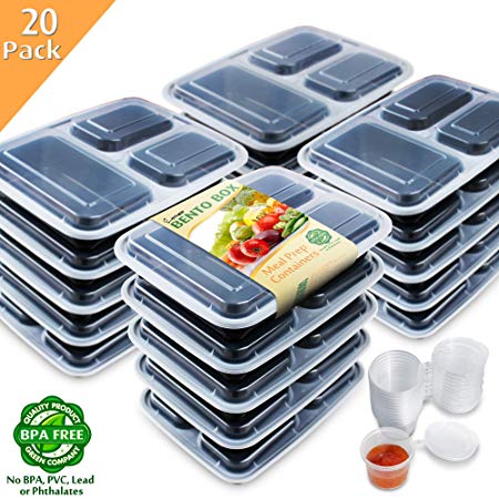 Enther 20 Pack 36oz 3 Compartment Meal Prep Containers with Lids, Food Storage Bento Box with Portion Cups, BPA Free, Reusable Lunch Box, Microwave/Dishwasher/Freezer Safe, Portion Control