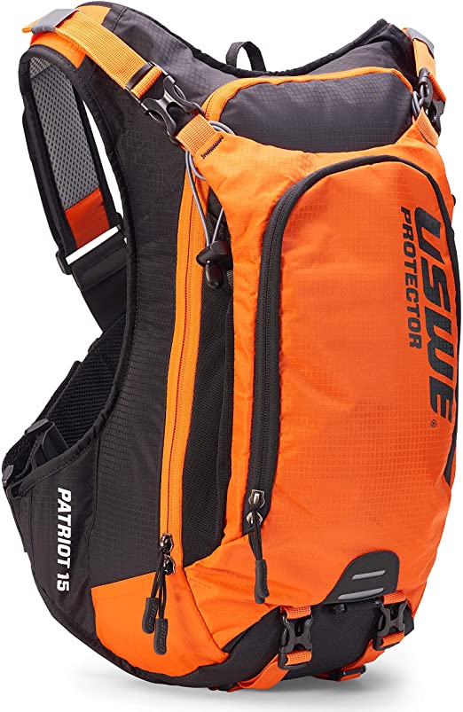 USWE Patriot 15L Hydration Pack with Back Protector, Bounce Free Backpack for Mountain Biking, MTB, Off Road Motorcycle, Orange Black