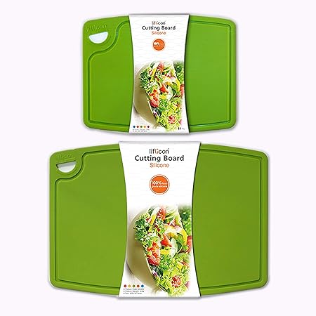 Liflicon Thick Cutting Boards for Kitchen Silicone Chopping Board Set of 2 Mid 12.6'' x 9.1”,Mini 9.1”x7.1” Non-slip Deep Drip Juice Groove Easy Grip Handle,Dishwasher Safe-Green