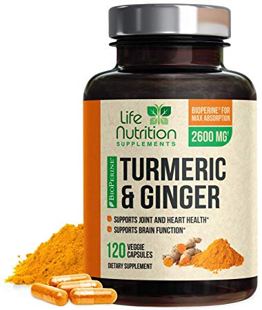 Turmeric Curcumin 95% Highest Potency with Ginger 2600mg with Bioperine Black Pepper for Best Absorption, Made in USA, Best Vegan Joint Pain Relief, Turmeric Pills by Life Nutrition - 120 Capsules