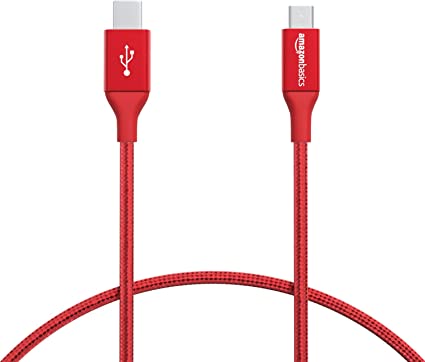 AmazonBasics Double Braided Nylon USB Type-C to Micro-B 2.0 Male Charger Cable | 1 foot, Red