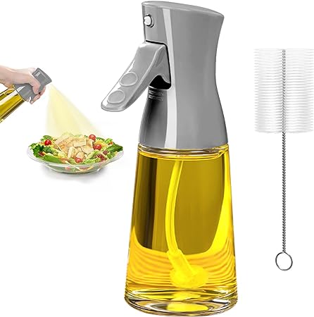 Showvigor Olive Oil Sprayer for Cooking, 180ML Glass Oil Dispenser Bottle with Brush, Canola Oil Vinegar Spray Mister for Kitchen, Refillable Gadgets Accessories Widely Used for Air Fryer(GREY)
