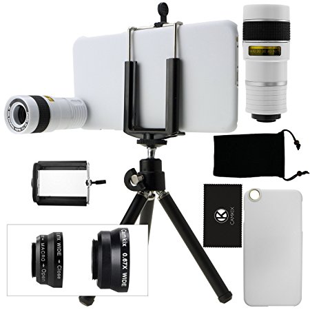 CamKix Camera Lens Kit for iPhone 6 Plus / 6S Plus including an 8x Telephoto Lens / Fisheye Lens / 2in1 Macro and Wide Angle Lens / Tripod / Phone Holder / Hard Case / Velvet Bag / Cleaning Cloth (White)