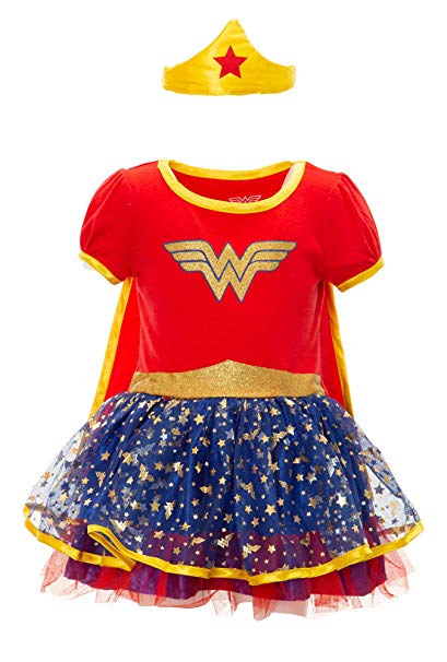 Wonder Woman Girls' Costume Dress with Gold Tiara Headband and Cape, Red